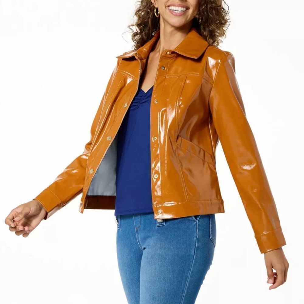 C Wonder Faux Patent Leather Snap-Front Jacket Size L